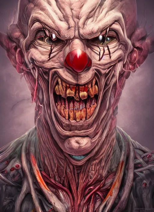 Image similar to evil horror clown, monster anatomy, ross tran, vivid colors, anatomical, highly detailed sculpture, intricate detailed, ommatidia, 8 k, cinematic atmosphere, post - processing