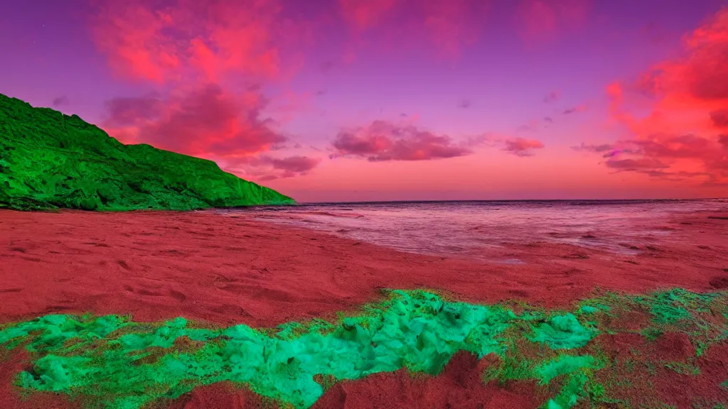 Image similar to purple refrigerator, red sand beach, green ocean, nebula sunset