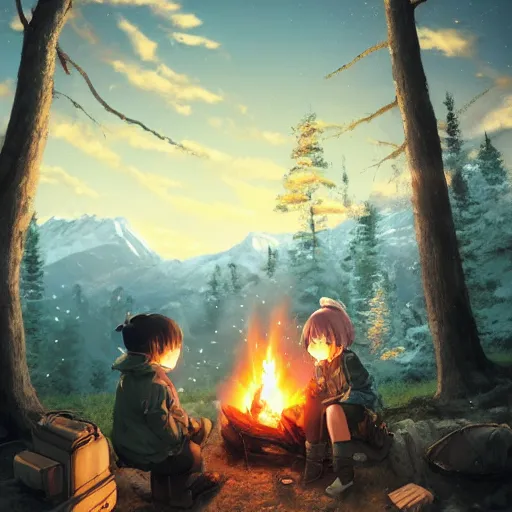 Image similar to yuru camp anime campfire hyperdetailed blue eyes, trending on artstation, cinematic lighting, highly realistically detailed, trending on pixiv , Unreal Engine 4k, detailed faces, manga cover, official anime key visual by greg rutkowski