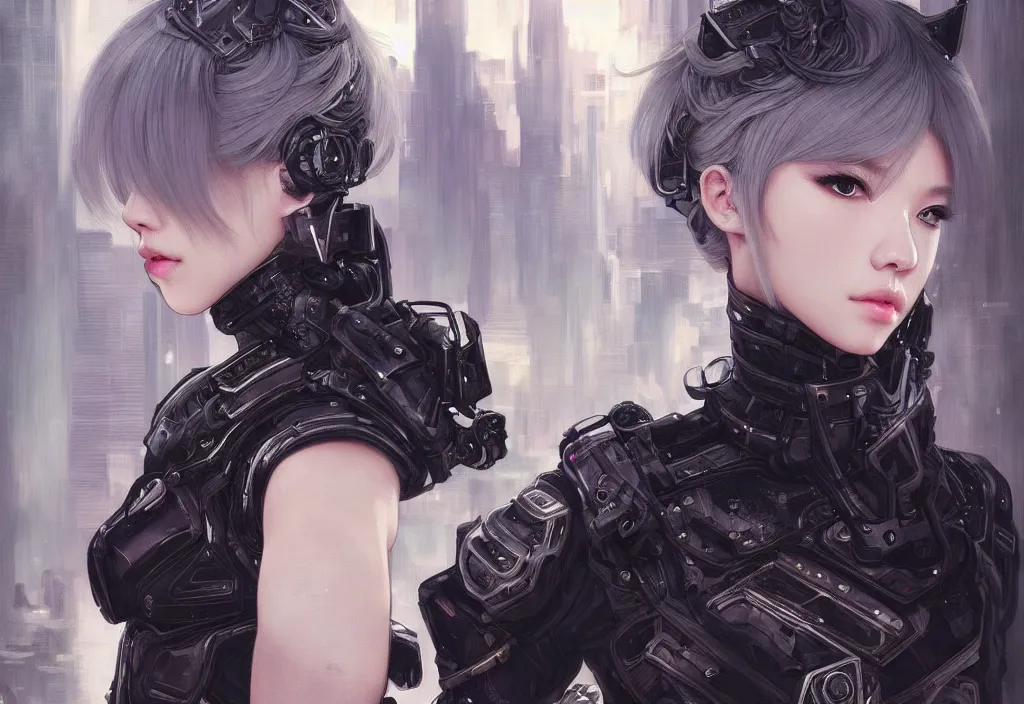 Image similar to portrait lisa blackpink + medium grey hair of futuristic police girl, black armored uniform, at futuristic cyberpunk tokyo night, ssci - fi and fantasy, intricate and very very very beautiful, highly detailed, digital painting, artstation, concept art, smooth and sharp focus, illustration, art by tian zi and wlop and alphonse mucha