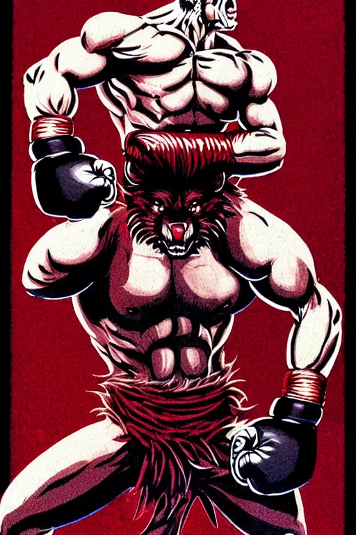 Image similar to extreme long shot. 8 bit nes graphics. antropomorphic muscular masculine wolf. kickboxer fighter, in shorts. wolf head. angry. fine details, very sharp, art from nes game cartridge, 8 0's, vhs artefacts, vaporwave style, marc simonetti and hermann nitsch and anish kapoor.