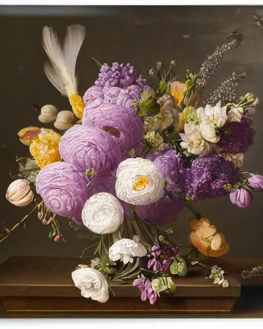 Image similar to still - life of bouquet of lilac and ranunculus with honeycomb bees and birds feathers, rachel ruysch, dark, moody