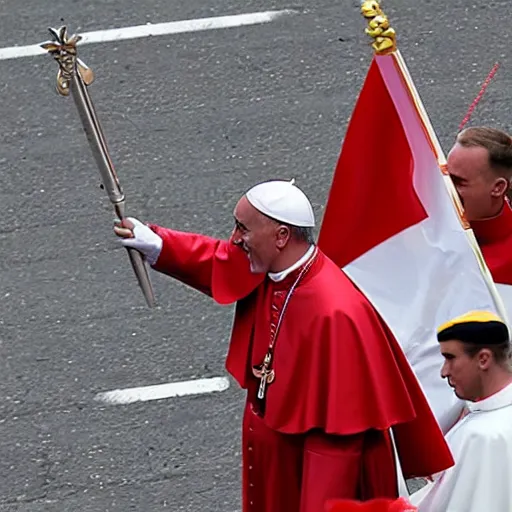 Prompt: pope francis riding giant white mech with the papal flag painted on it, leading the swiss guard in an invasion of eastern europe