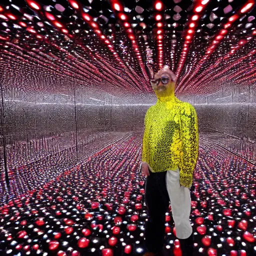 Prompt: photo, a man wearing a shiny chrome polygonal costume standing inside a yayoi kusama infinity mirror room
