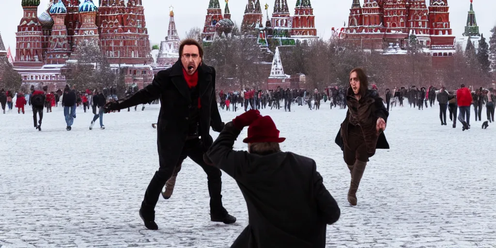 Prompt: nicolas cage as freddy krueger chasing lora palmer on the red square in moscow. cinematic trailer high resolution