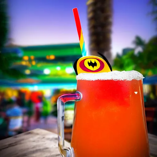 Image similar to a closeup photorealistic photograph of a glossy batman style tiki mug sitting at an outdoor trader vic's bar featuring batman face. tiki theme. icy colorful drink. bright scene. fine detail. this 4 k hd image is trending on artstation, featured on behance, well - rendered, extra crisp, features intricate detail, epic composition and the style of unreal engine.