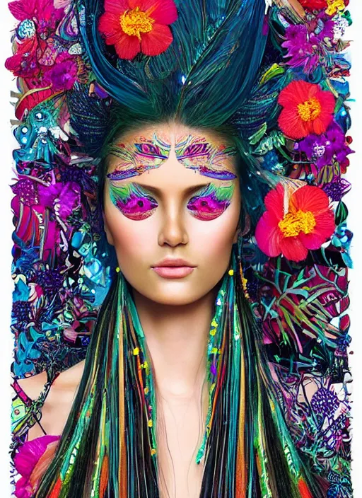 Prompt: beautiful portrait of a super model wearing fantastic dress,embellished beaded feather decorative fringe knots ,colorful pigtail,subtropical flowers and plants,perfect symmetrica body shape,symmetrical face,intricate,elegant,highly detailed,8k,post-processing,digital painting,trending on pinterest,harper's bazaar,concept art, sharp focus, illustration, by artgerm,Tom Bagshaw,Lawrence Alma-Tadema,greg rutkowski,Alphonse Mucha,golden ratio