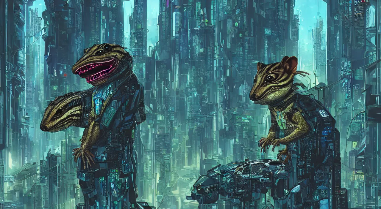 Image similar to Cyberpunk Alien chipmunk alligator hybrid in a dystopian city looking for trouble