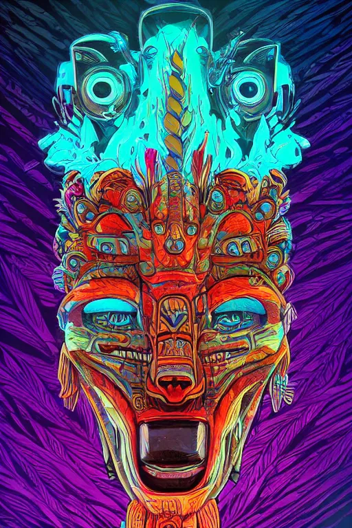 Prompt: totem animal chaman vodoo mask feather gemstone plant wood rock tribal video game illustration vivid color borderlands by josan gonzales and dan mumford radiating a glowing aura