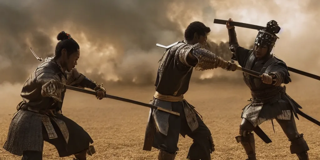 Image similar to a film still of a black man starring in a japanese blockbuster film as samurai on fire, shallow depth of field, cinematic, award winning cgi, vfx, film still