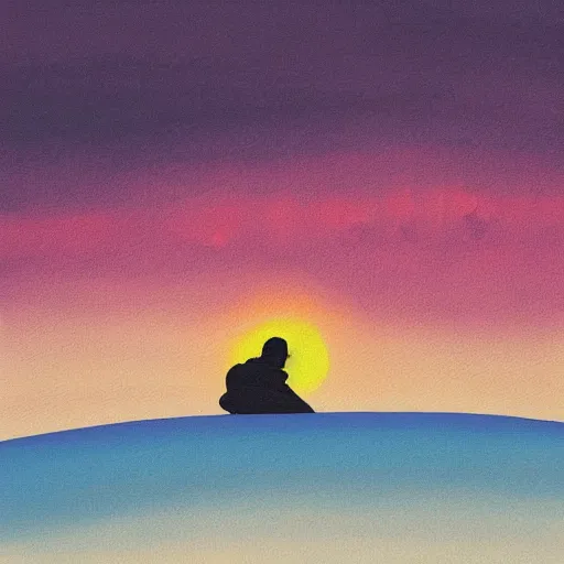 Prompt: A painting of a silhouette of Kanye West sitting on a hill by the sunset by Shinji Arakami, dreamy, pink skies, cloudy, melancholic, anime, cool, Ghibli-style, disney-style, extremely detailed