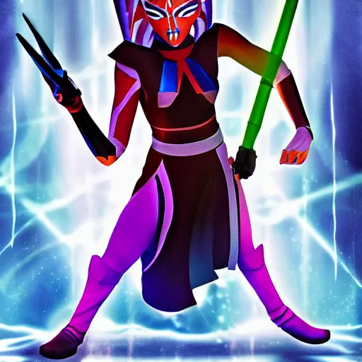 Image similar to Ahsoka Tano with Iridescent blades, dramatic lighting, cinematic pose, rainbow blades,