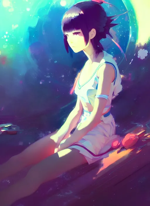 Prompt: portrait of cute girl, very psychedelic space background illustration concept art anime key visual trending pixiv fanbox by wlop and jeremy mann painting greg rutkowski and makoto shinkai and studio ghibli and kyoto animation