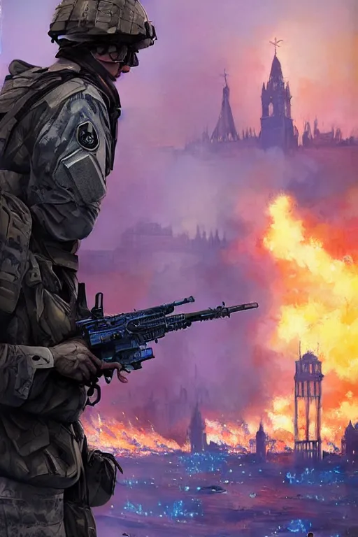 Prompt: special forces soldier with ukrainian blue and yellow soldier patch on the foreground watching red square burn in the background, d & d, fantasy, bright atmosphere, volumetric lights, intricate, elegant, extremely detailed, digital painting, artstation, concept art, matte, smooth, sharp focus, hyper realistic, illustration, art by artgerm and greg rutkowski and alphonse mucha