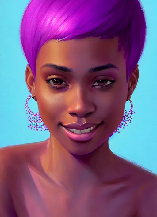 Image similar to portrait of vanessa morgan, black teenage girl, pink hair, pixie haircut, purple cap, hoop earrings, subtle confident smile, intricate, elegant, glowing lights, highly detailed, digital painting, artstation, concept art, sharp focus, illustration, art by wlop, mars ravelo and greg rutkowski