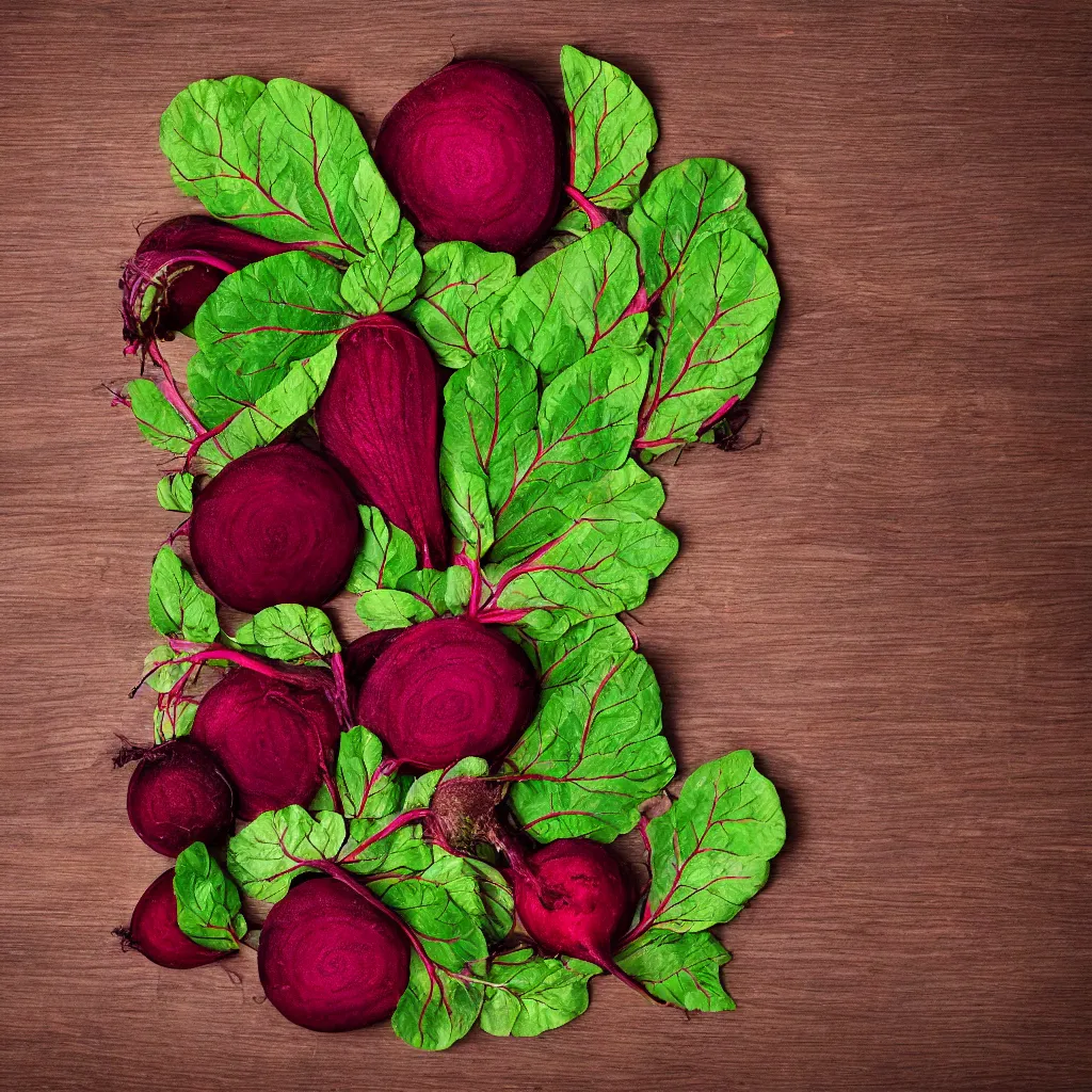 Image similar to embroidered beetroot with embroidered leaves and fractal roots, over vivid wood table, food photography. post - production : super detailed : masterpiece