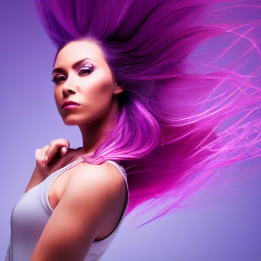 Image similar to a award winning action upper body portrait of a beautiful woman with a ombre purple pink hairstyle with head in motion and hair flying, outrun, vaporware, highly detailed, fine detail, intricate