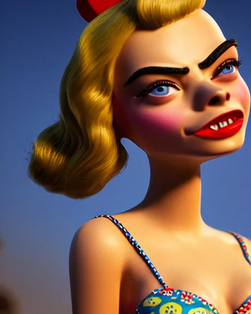 Prompt: highly detailed closeup, face profile portrait of a tin toy retro 1 9 5 0 s cara delevingne, bikini, unreal engine, max fleischer, global illumination, detailed and intricate environment