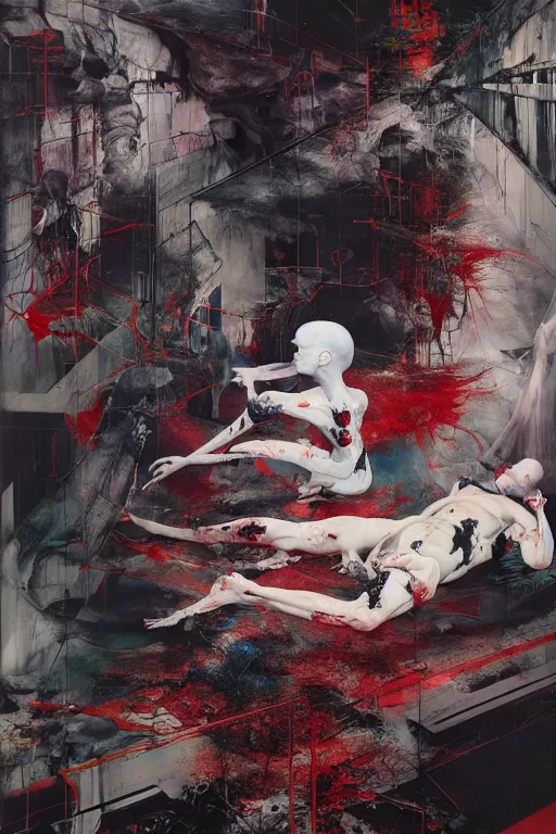 Image similar to the physical impossibility of death, in a brutalist designed space ship, hauntingly surreal, gothic, rich deep colours, painted by francis bacon, adrian ghenie, james jean and petra cortright, part by gerhard richter, part by takato yamamoto. 8 k masterpiece
