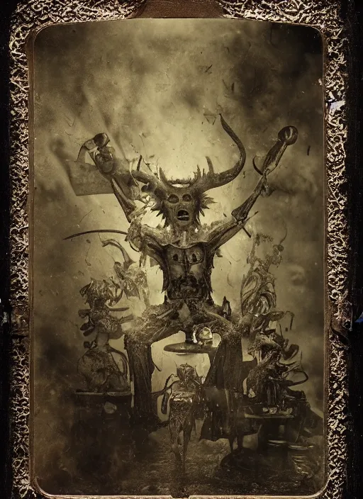 Image similar to old wetplate daguerreotype demons, devil, pain, anger, desolation, angel, explosion of data fragments, fractal, intricate, elegant, highly detailed, parallax, leica, medium format, subsurface scattering, by jheronimus bosch and greg rutkowski and brom