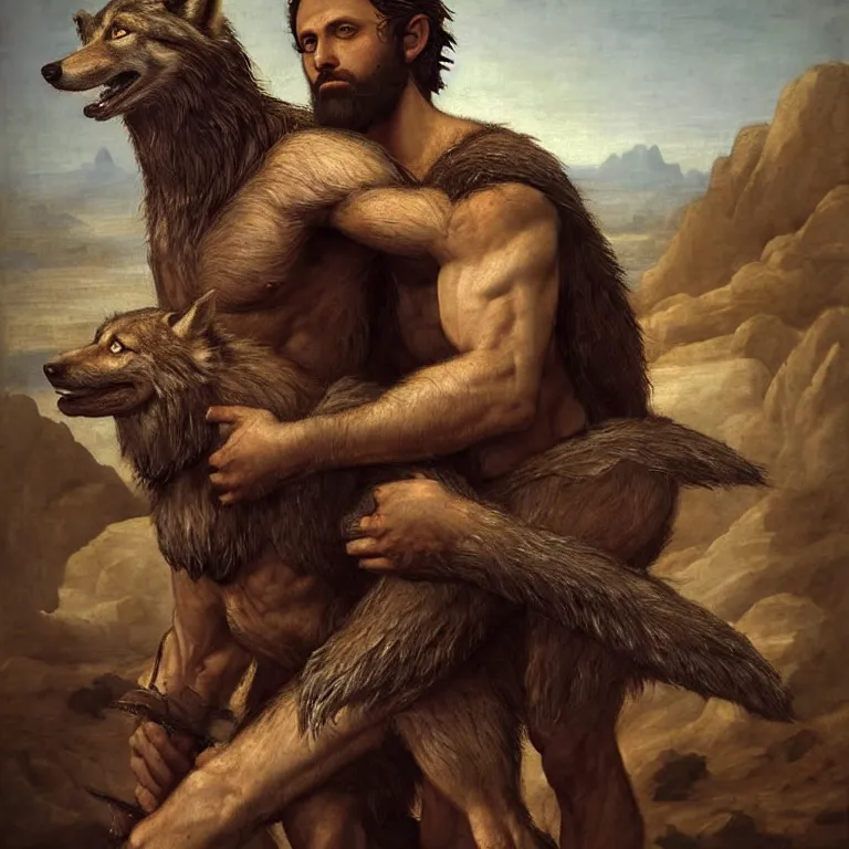 Prompt: renaissance painting full body portrait of a gruff ranger and his wolf, lean and toned, handsome face, hairy chest and hairy body, D&D, intricate, elegant, highly detailed, digital painting, artstation, concept art, matte, sharp focus, chiaroscuro, well list, illustration, art by Da Vinci, Artgerm and Greg Rutkowski and Alphonse Mucha