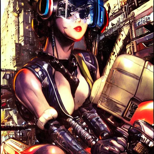 Prompt: attractive cyberpunk female on a motorcycle in a gritty futuristic anime city at night, art by Simon Bisley Frank Frazetta Martin Emond