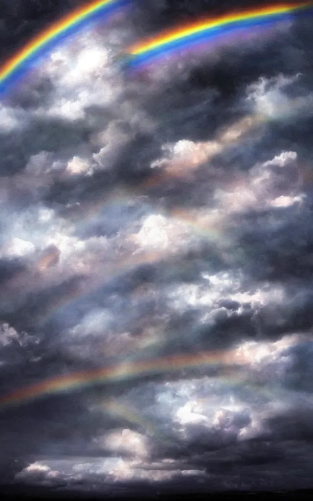 Image similar to dark night dramatic airbrushed clouds over black background, dim rainbow in the distance, photography airbrush fantasy, realistic