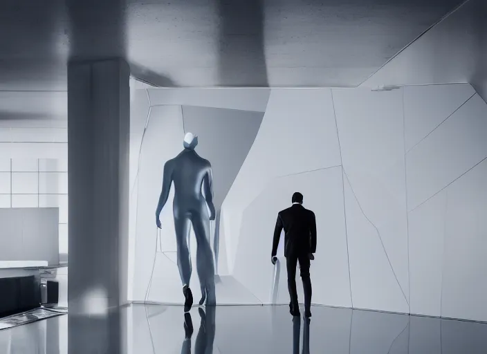 Prompt: cinematic photoshoot of clean modern hand crafted super futuristic man walking out of white pool of milk pro display xpr luxury smooth color metal white silver with black leather padding well design ultrareallistic detailed high quality 8 k photorealistic ultra realistic