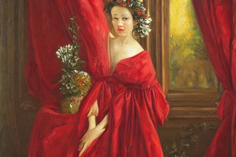 Image similar to oil painting, long view, hight detailed, portrait of woman with flowers in her head in front of red curtain, in style of neodada