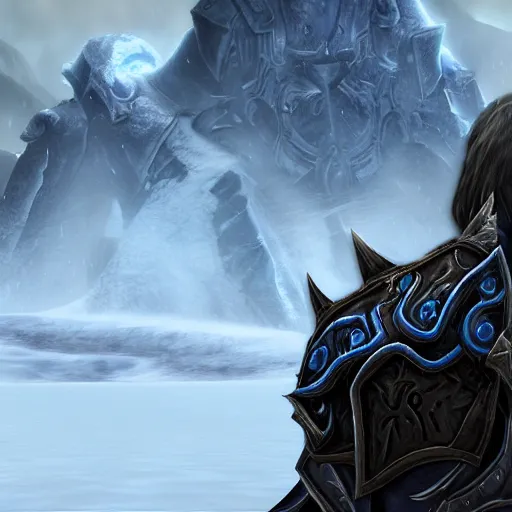 Prompt: world of warcraft arthas viewed from the back standing in front of a vast icy land and dark icy mounatins in the background, extreely detailed, wow, cinematic, unreal engine 5, artistic, movie poster, world of warcraft cinematics style, only dark contrasting colours, colours ranging of blue white and black