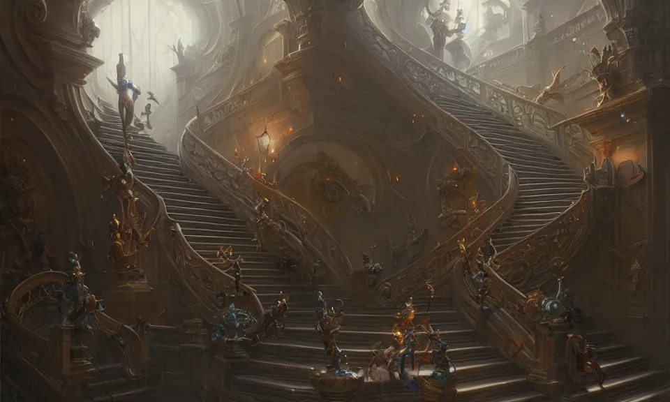 Image similar to a straight staircase full of ornate statues leading to heaven, art by greg rutkowski and peter mohrbacher, featured in artstation, octane render, cinematic, elegant, intricate, highly detailed, fantasy, concept art, sharp focus, illustration, 8 k