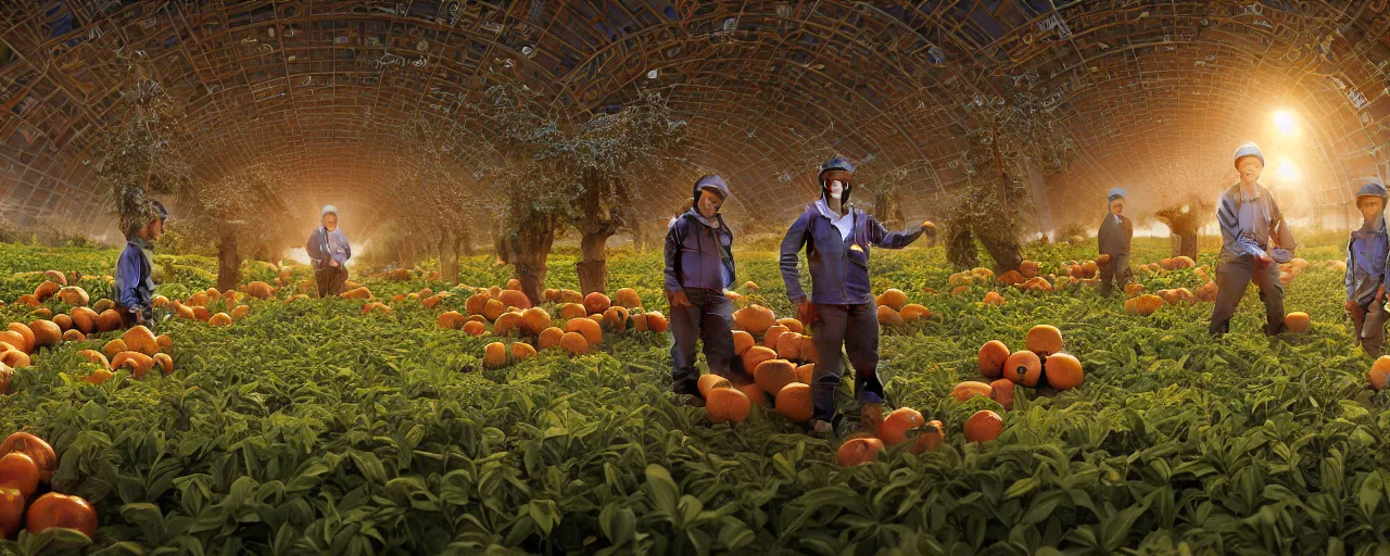 Prompt: portrait of symmetrical friendly farmers, with detailed smiling faces, harvesting an orchard on a space-station, with fruit trees, supported by advanced elegant machinery, near a galaxy, insanely detailed and intricate, golden ratio, elegant, ornate, elite, haunting, 30mm, cinematic, trending in cgsociety, unreal engine, 8k, vivid and vibrant