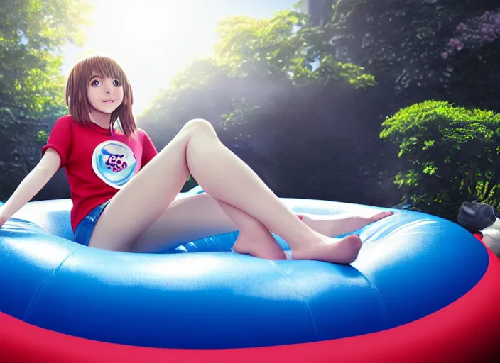 Image similar to closeup portrait of ochaco uraraka from my hero academia relaxing in jeans and a t - shirt on a floating pool chair, sunny, bright, reflections, intricate, sharp focus, lens flare, bloom, illustration, highly detailed, digital painting, concept art, matte, art by ruan jia and wlop and greg rutkowski, masterpiece