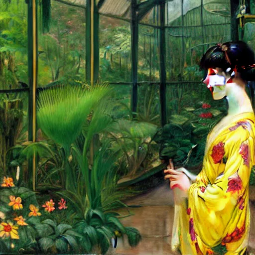 Image similar to photograph of an young woman wearing a yellow kimono in a tropical greenhouse, by james gurney, by john william waterhouse, Extremely detailed. 4K. 35mm lens