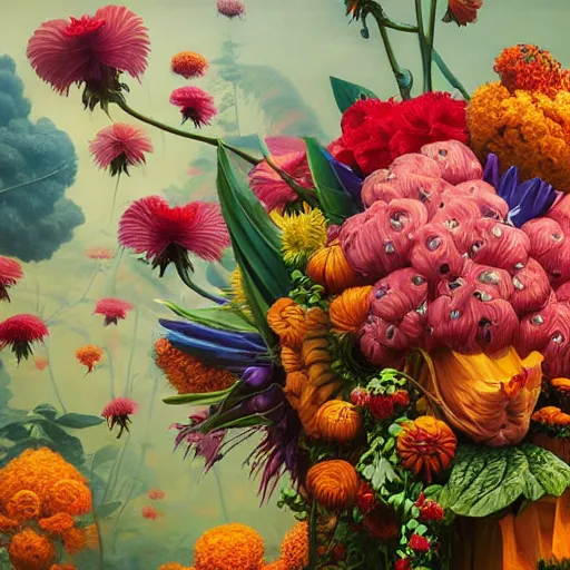 Image similar to hyper detailed illustration like a Oil painting - a vivid exotic flower bouquet, long petals, huge blossoms, by Jacek Yerka, Mariusz Lewandowski, Masterpiece, Edward Hopper and James Gilleard, Zdzislaw Beksinski, Mark Ryden, Wolfgang Lettl, hints of Yayoi Kasuma, octane render, 8k