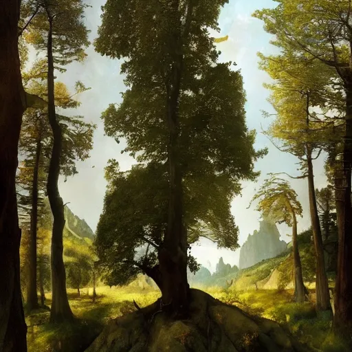 Prompt: The most beautiful and majestic and glorious Trees, oil on canvas, by Albrecht Durer, by Greg Rutkowski, trending on ArtStation, concept art, masterpiece, detailed, cinematic composition, rule of thirds, 8K, no frames, no humans, no animals,