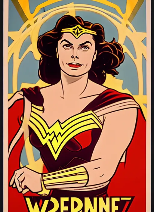 Prompt: well - lit art nouveau portrait of ingrid bergman as wonder woman in the poster for the 1 9 4 8 film'wonder woman versus the robots '. beautiful. powerful, natural lighting, path traced, highly detailed, high quality, cartoon, digital painting, by don bluth and ross tran and studio ghibli and alphonse mucha