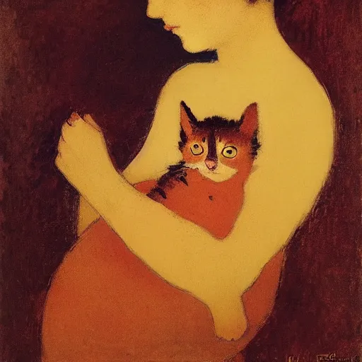 Prompt: a woman with short brown hair and her orange kitten by odilon redon