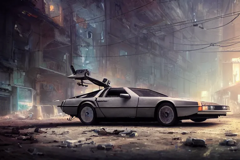 Prompt: highly detailed photorealistic rendering of a delorean parked on the streets of a cyberpunk abandoned city with the door open, futuristic post - apocalyptic vibe, by greg rutkowski and stanley artgerm and alphonse mucha, octane, sharp focus, hyperrealistic, unreal engine 5, vray, masterpiece