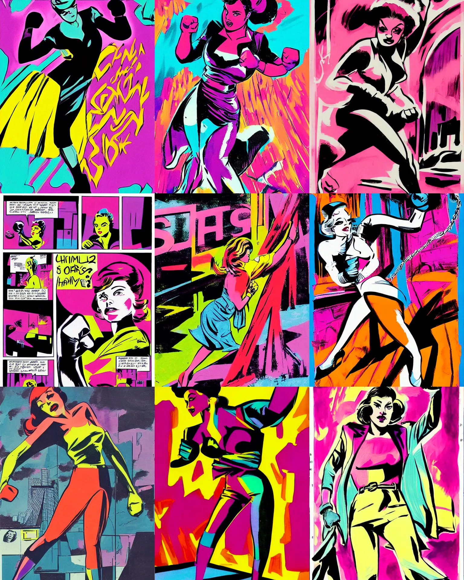 Prompt: she is swinging her fist in a panel from a noir comic book page drawn with vibrant paint markers in hues of aerochrome,