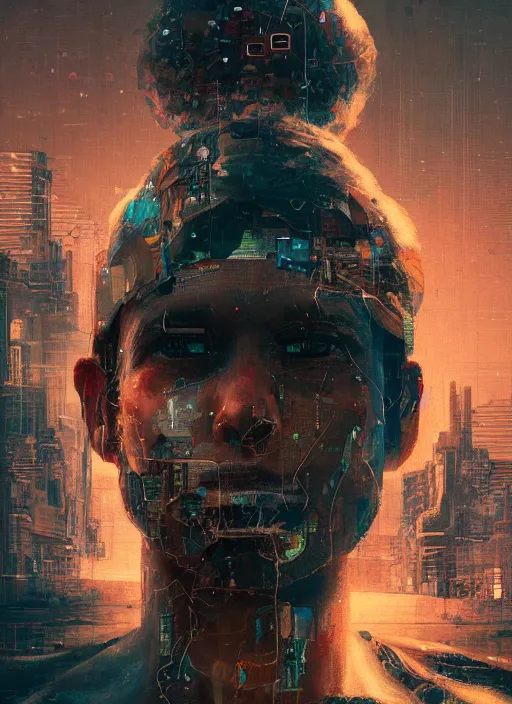 Prompt: a painting of a man grasping his head as it disintegrates into fragments, cyberpunk art by mike winkelmann, cgsociety, dystopian art, sci - fi