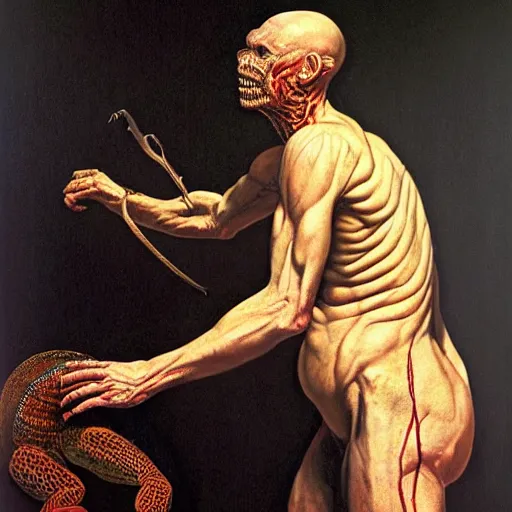 Prompt: portrait of a lizard man removing human skin. Artwork by Caravaggio and by Wayne Barlowe by alexander gierymski