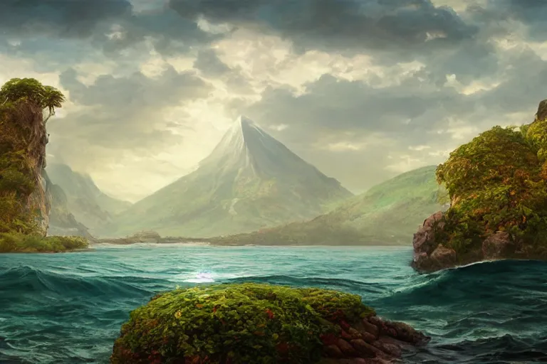 Prompt: an island from afar with forests and a mountain in open ocean, art by Sophie Anderson, artstation, highly detailed, magic the gathering art