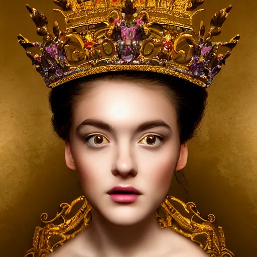 Image similar to a portrait of a beautiful girl with crown,inspired by Baroque and Rococo,hint of gold ,bright colours,hyper realistic,photo real ,matte painting, concept art, hdri, 4k -