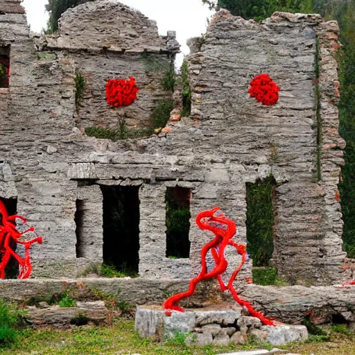 Prompt: the ruins of a village made out of stone, overgrown with red vines, with a broken stone statue of a man holding a sword in the middle of the ruins