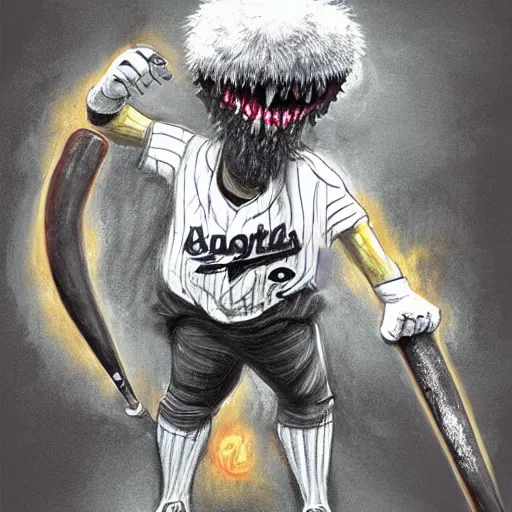 Prompt: baseball monster, baseball, baseball bat, digital art, chalk, fantasy, magic, trending on artstation, ultra detailed, professional illustration by Basil Gogos