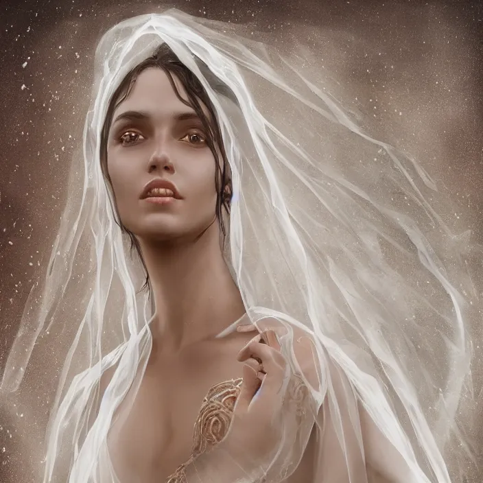 Prompt: a wonderful symmetrical portrait of goddes with a beautiful face dressed with a long white semi transparent and ornate veil dress made of sand, behind here there is a storm, one flash on top, one flash in front of her, trending artstation, octane render 8 k