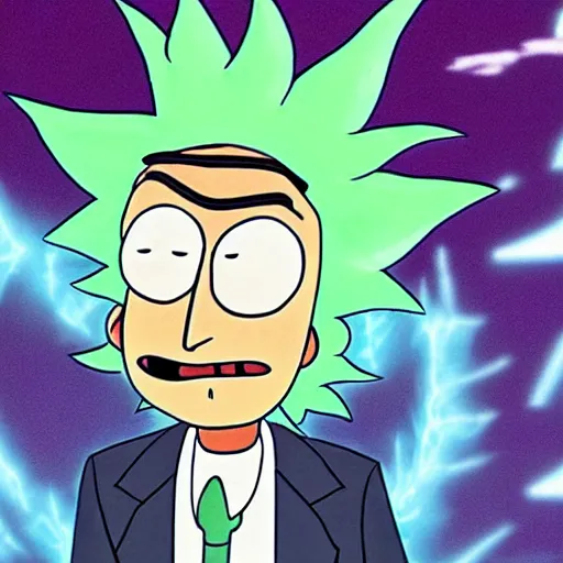 Image similar to rick sanchez, from rick and morty, breaking the simulation