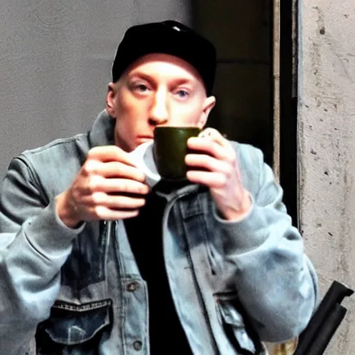 Prompt: eminem sipping coffee