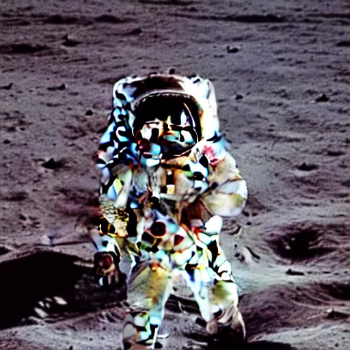 Prompt: a photo of an astronaut on the moon without his helmet, eating garlic bread, with knife and fork. | red tablecloth | earth in background | grey moon craters | 1 9 6 9 apollo 1 1 landing | 1 2 0 mm wide shot | clear details